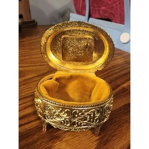 Vintage Ornate Gold Oval Musical Footed Jewelry Box, Japan, Chokin Art, Hinged